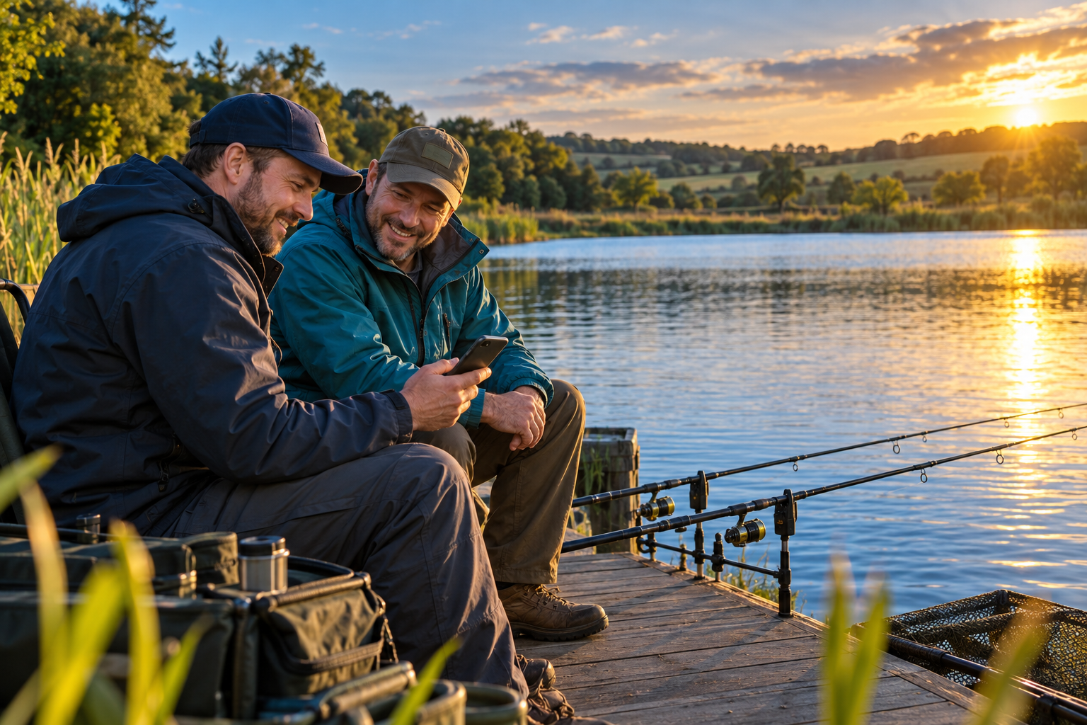 Promotional illustration of two anglers chatting beside a lake