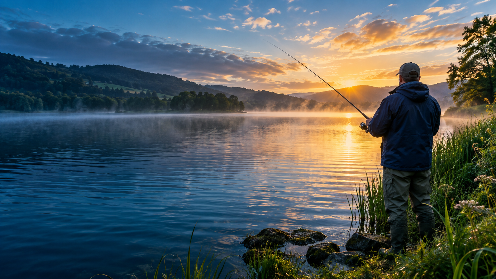 Promotional illustration of an angler beside a blue lake at sunrise